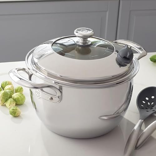 Princess House Vida Sana Stainless Steel 7-Qt. Pot Dutch Oven 5-Ply with Nutri-Steam Valve Signals When Cookware Reaches the Proper Temperature Offering the Option to Position the Valve for Healthier or Traditional Cooking.