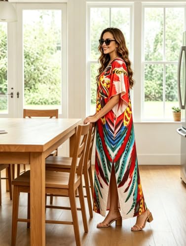 Breezy Kaftan Dresses for Women,V Neck Resort Dress,Loose Flowy Ms Roper Mumuu Cover Up for Beach,Plus Size Fits S–XXL(Red Multi Tribal Print) — view 4