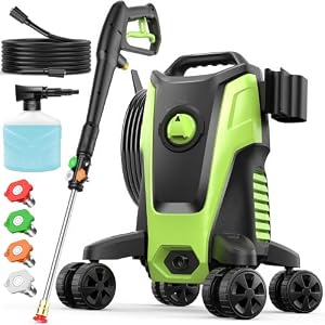 4800PSI Electric Pressure Washer with 4 Lockable Wheels, Portable Pressure Washer Powered with Steel Wand, 4 QC Nozzles, 500ml Foam Cannon for Decks/Driveways/Cars Cleaning, Green