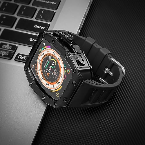 Luxury Case for Apple Watch Ultra 3/2/1 49mm FKM Band, Rugged Bumper Metal Cover + Built-in Glass + Fluoroelastomer Strap for Men's Heavy Duty iWatch Series 49mm Protective Case (49MM, Black) by HUALIMEI - Image 4