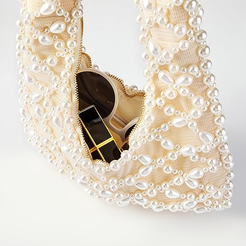 Image of Women Artisanal Acrylic Pearl Clutch Exquisite Beads and Fabric Woven Shoulder Bag Evening Satchal for Wedding Party (L)