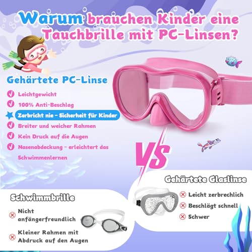 Kinder Schwimmbrille, Anti-Leck Schnorchelmaske mit Nasenabdeckung & elastischem Stoffband, UV-Schutz Schwimmbrille für Jungen und Mädchen – Ansicht 4