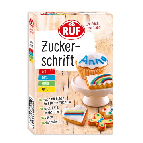 RUF Zucker-Schrift 4 natürliche Farben aus Pflanzenextrakt Dekor-Schrift für Plätzchen Fondant Glasur und Zuckerguss Tortendeko glutenfrei & vegan 4 x 25g
