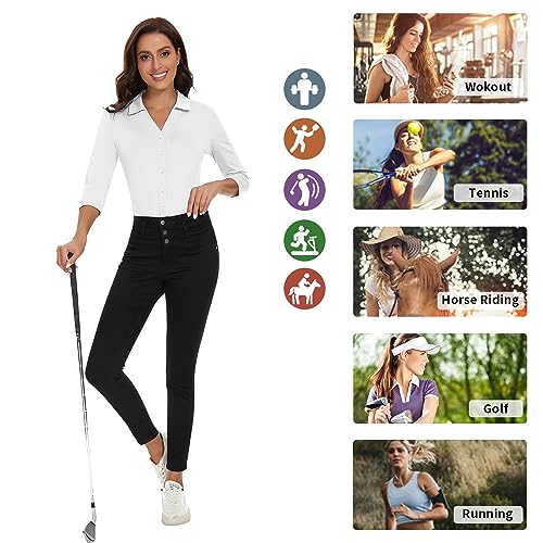 Image of Soneven Womens Golf Polo Shirts 3 /4 Long Sleeve V Neck Button Down Shirts Business Causal Work Blouses Tops