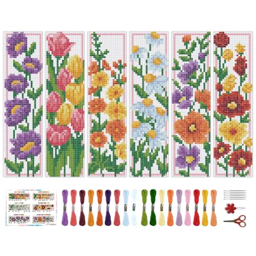 BEUNITONE 6 Set Floral Bookmark Cross Stitch Kits for Beginners with Instructions Floral Bookmarks Cross-Stitch Kit Stamped Embroidery Bookmark DIY Crafts Book Marker for Book Lovers 8''x2.4'' 11CT
