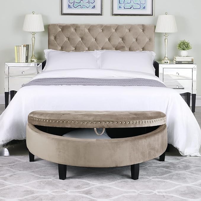 Velvet Storage Ottoman - Half Moon | Upholstered | Button Tufted | Nailhead | Bedroom | Foot Stool | Ottoman | Pouffe (Beige)-image-3