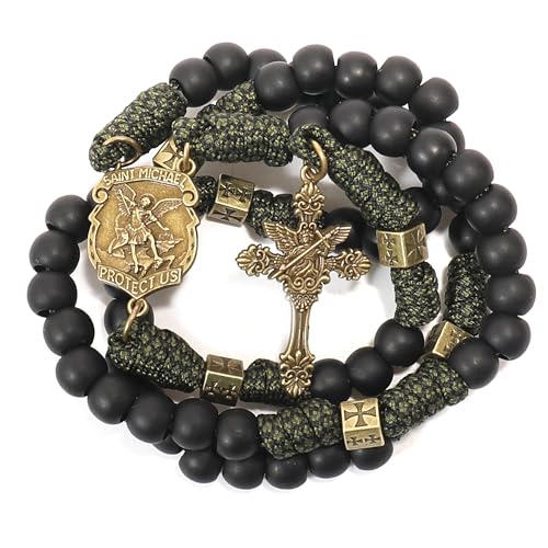 Nazareth Store Antique Bronze Metal Rugged Durable Paracord Rosary Necklace Black Matte Prayer Beads with Saint Medal and Crucifix