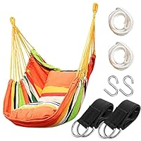 Hängematte, Stuhl, Hängeseil, Schaukelsitz für drinnen und draußen, stabiles Baumwollgewebe, Hängemattenschaukel, max. 136 kg, Hängesessel für Schlafzimmer, Terrasse, Veranda (Holzstange und Kissen