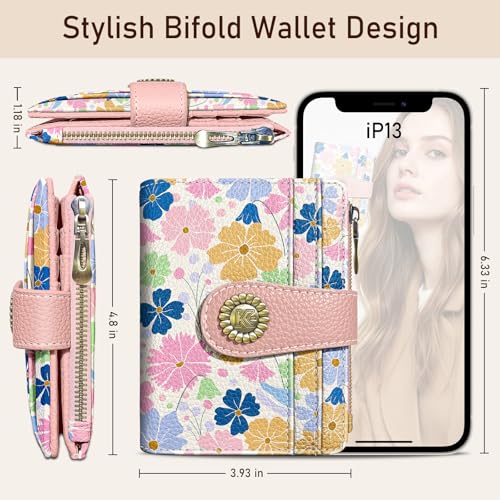 Image of Kelvoris Pastel Flower Floral Small Rfid Women Wallet Zipper Coin Pocket | Art Bifold PU Leather Compact Cash Credit Card Holder Travel Purse for Female Ladies Teen Girls 1 ID Window 10 Card Slots