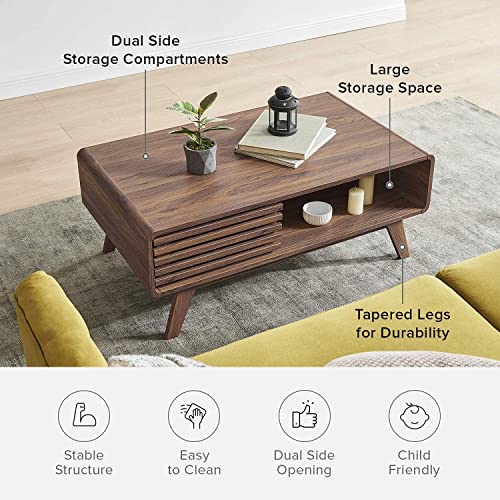 mopio Ensley Coffee Table, Mid Century Modern Table with Storage, Farmhouse Wood Coffee Table for Living Room Fluted (Walnut) - Image 6