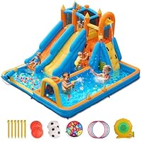 FOOING Inflatable Water Slide Castle with 2 Slides, Climbing Wall, Basketball Hoop, Bounce House for Kids Garden, Bouncy Castle for Summer Outdoor Pool Party with Safety Net