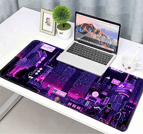 Image of Retro Vaporwave Large Mouse Pad for Desk, Neon Tokyo Street Pixel Art Desk Pad, Purple Japanese Anime Gaming Mouse Pad XXL, Skyline City Desk Mat, 35.4 x 15.7 in