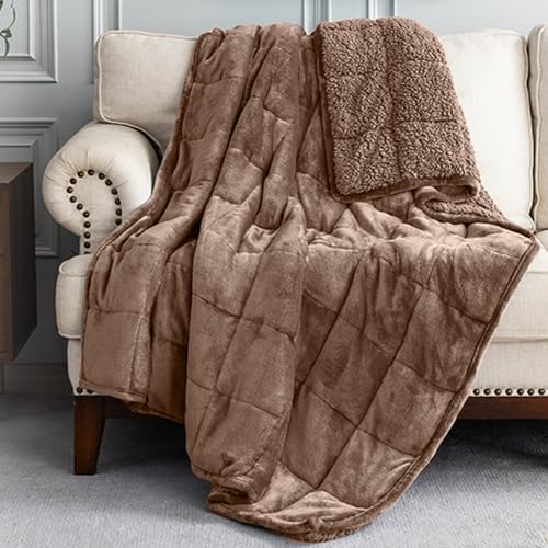Uttermara Weighted Blanket Twin 15 Pounds, Adult Weighted Blankets with Soft Plush Flannel Fleece & Cozy Warm Sherpa for Couch Bed, Heavy Blanket Great for Sleeping and Relax, 48" x 72" 15lbs in Tan