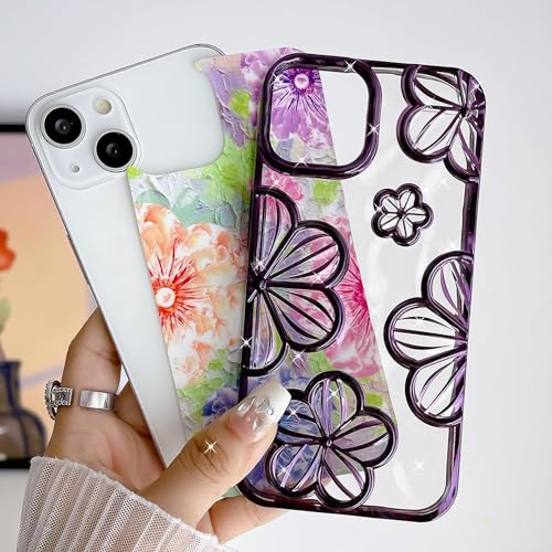 Image of mobistyle Designed for iPhone 14 Plus Cover| Electroplating TPU Bling Colourful 3D Floral Camera Protection Back Cover Case for Girls & Women (Purple Electroplating Flowers)