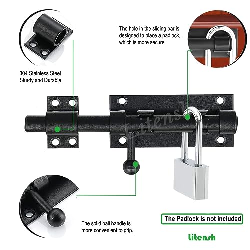 Litensh Heavy Duty Sliding Gate Latch Bolt Door Lock with Padlock Hole, 304 Stainless Steel Safety Barrel Gate Bolt Latch - Image 3