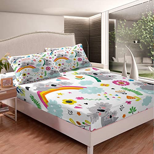 Erosebridal Koala Bed Sheets Full Size Rainbow Bedding Set For Kids Girls Women Bohemian Leaves Fitted Sheet Cartoon Animal Floral Botanical Bed Set 2 Pillow Cases Gray Green(No Top Flat Sheet) #TOP1