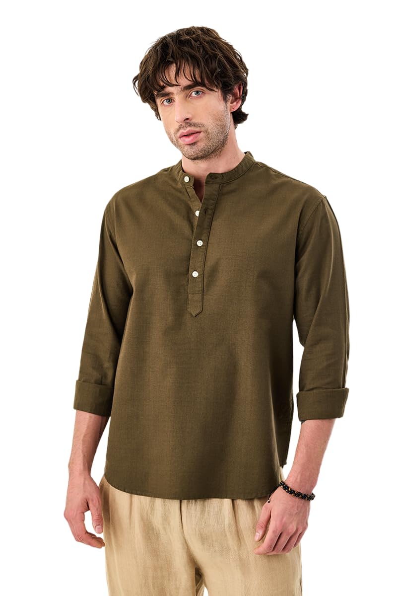 SNITCH Men Casual Kurta Shirt | Regular Fit Full Sleeve Mandarin Collar Solid Textured Design | 100% Cotton Breathable & Lightweight Fabric for Summer & Smart Occasions Wear in neutral