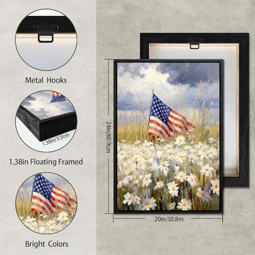 Image of American Flag Framed Canvas Wall Art, 4th of July Floral Canvas Prints, Wildflower Landscape Patriotic Decorations, Vintage Rustic Independence Day Wall Decor for Bedroom Living Room Office 20x24