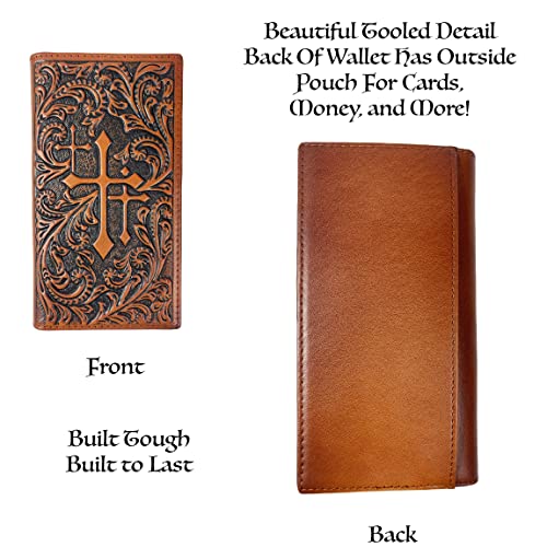 Urbalabs Western Cowboy Leather Long Wallets for Men Checkbook Tooled Wallet Tri Cross Bifold Long Cowboys Billfold Hand Stitched Rodeo RFID Blocking Mens Long Wallet Rodeo Style Cowboy Up (Brown)3
