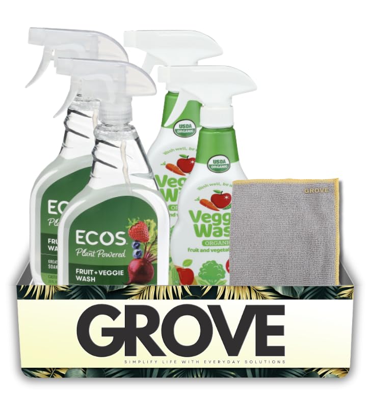 2x Ecos Fruit and Vegetable Washer 22 fl oz + 2x Veggie Wash Fruit & Vegetable Wash 16 oz Bundle with Microfiber Cloth – Plant-Based Produce Cleaners for Waxes, Dirt & Residue – Gift Set (5 Items)
