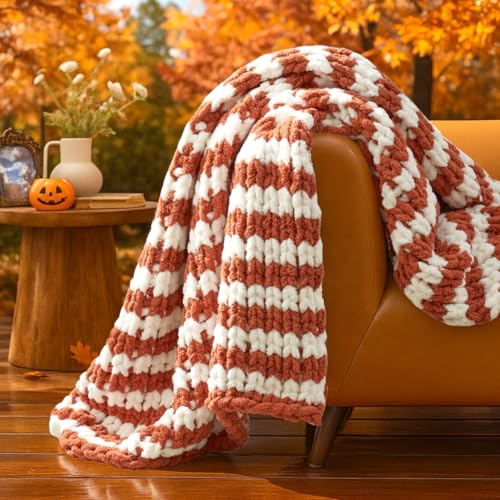 Amélie Home Chunky Knit Throw Blanket for Couch, Soft Chenille Crochet Blanket for Sofa, 50'x60', Burnt Orange & White Striped