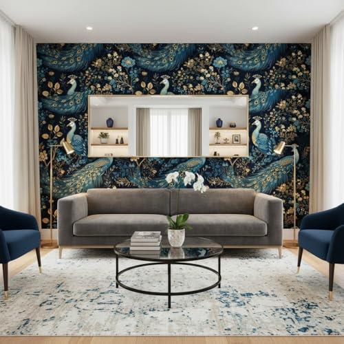 Image of Hotel and Restaurant Blue and Gold Peacock Wallpaper Hotel and Restaurant for wall Stickers Living Room and kidroom Stick Wall Decor|Fantasy Patter Wallpaper for wall Stickers(45 x 300 cm)