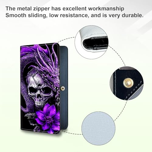 Long Women Wallet, Ultra Slim Thin Wallet for Women, RFID Blocking PU Leather Credit Card Holder, Multi-Card Slots Business Travel Bifold Clutch, Purple Dragon Skull4