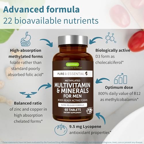 Image of Igennus Methylated Men's Multivitamin with 22 Actives, Added Lycopene for Antioxidant Support, High Potency B12, Sustained Release, Pure & Clean, Non-GMO & Halal, 60 Tablets