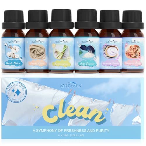 SNOWSEN Clean Essential Oils Set, Fragrance Oils for Diffuser, Candle, Soap Making, Fresh Cotton, Fresh Linen, Lemongrass, Soft Powder, Lavender Laundry, Blossom Soap Scented Oils for Aromatherapy