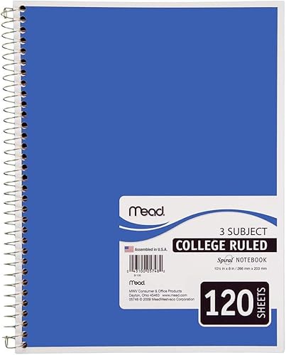 Mead Cuaderno de espiral, 3 materias, 120 unidades, rayas universitarias, azul (05748)