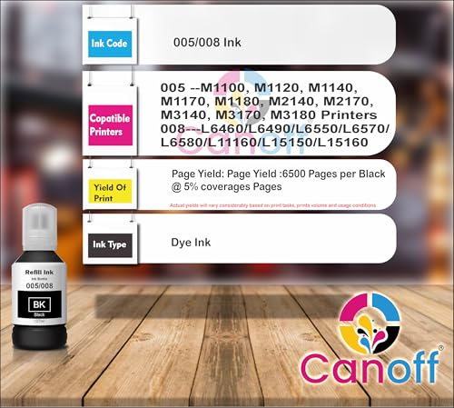 Image of CANOFF 127ml Black Refill Ink Bottle Compatible with 005 /008 Ink Tank M1100, M1120, M1140, M1170 L6460 /L6490 /L6550 /L6570 Printers | High Yield, Smudge-Free Printing (005 /008 Ink Black 1pc. x 127ml)