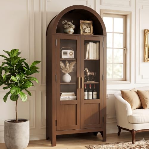 Image of Arched Storage Cabinet with 2 Doors and 5-Tier Shelves for Living Room, 71 inch Tall Wooden Pantry Cabinet for Dining Room and Kitchen, Floor Bathroom Organizer, Brown