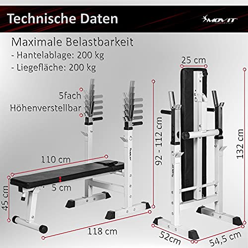 Movit® weight bench with adjustable barbell holder and dip station, foldable, 2 colours, optionally with 30 kg or 60 kg dumbbell set, home training device home gym power station - Image 4