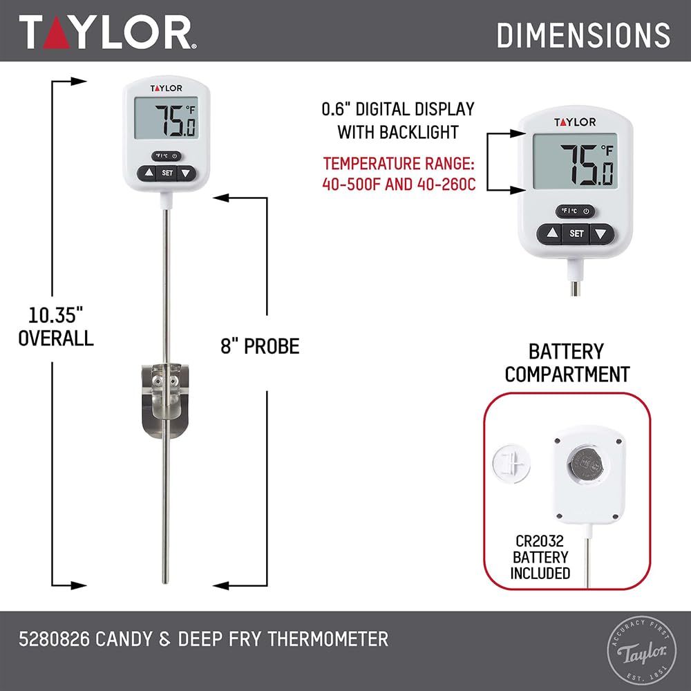 Taylor Programmierbares digitales Süßigkeiten- und Frittierthermometer mit Grünlicht-Alarmanzeige und verstellbarem Pfannenclip