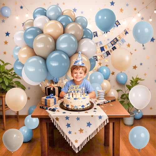 Image of Dusty Blue Neutral Balloons, 12Inch Retro Blue Boho Apricot Latex Balloons, Double Stuffed Nude White Party Balloon for Boho Baby Shower Boys Birthday Wedding Bear Theme Newborn Welcome Party Decor