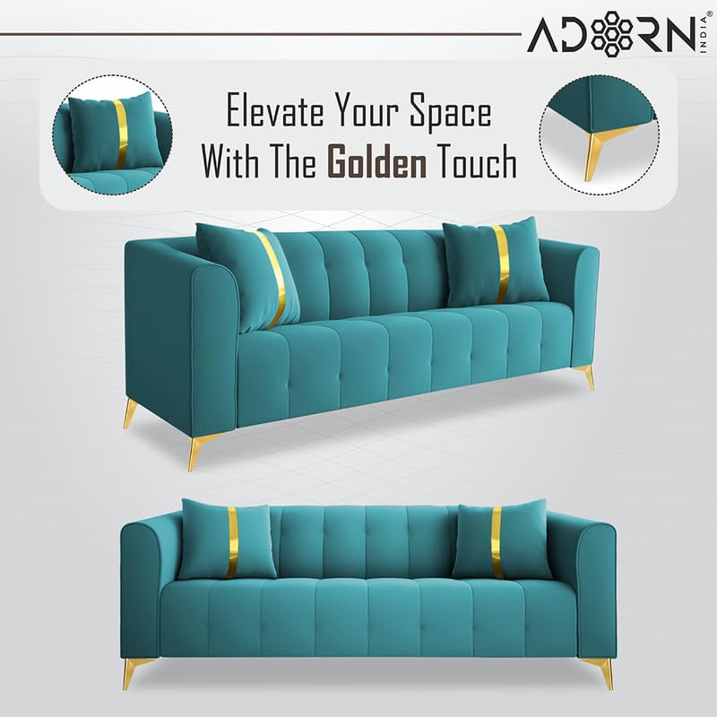 Image of Adorn India Premium Mystic - 3 Years Warranty - 3+2 Sofa Set Velvet Suede Fabric - Aqua Blue