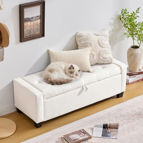 Image of Huatean Home 43 inch Ottoman with Storage, White Storage Ottoman Bench with Safety Hinge, Upholstered Entryway Bench with Seating for Bedroom, Living Room, Holds up to 330 lb
