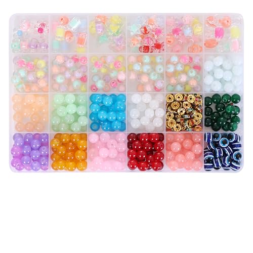 Image of Ambitieux DIY Bracelet Making Kit 575+ Beads Jewelry Set With Glass,Double,Charms Pendants Accessories,Evil Eye,Elastic Thread,Cutter & Jute Bag Craft Kit For Girls,Kids & Adults (Jelly),Multicolor