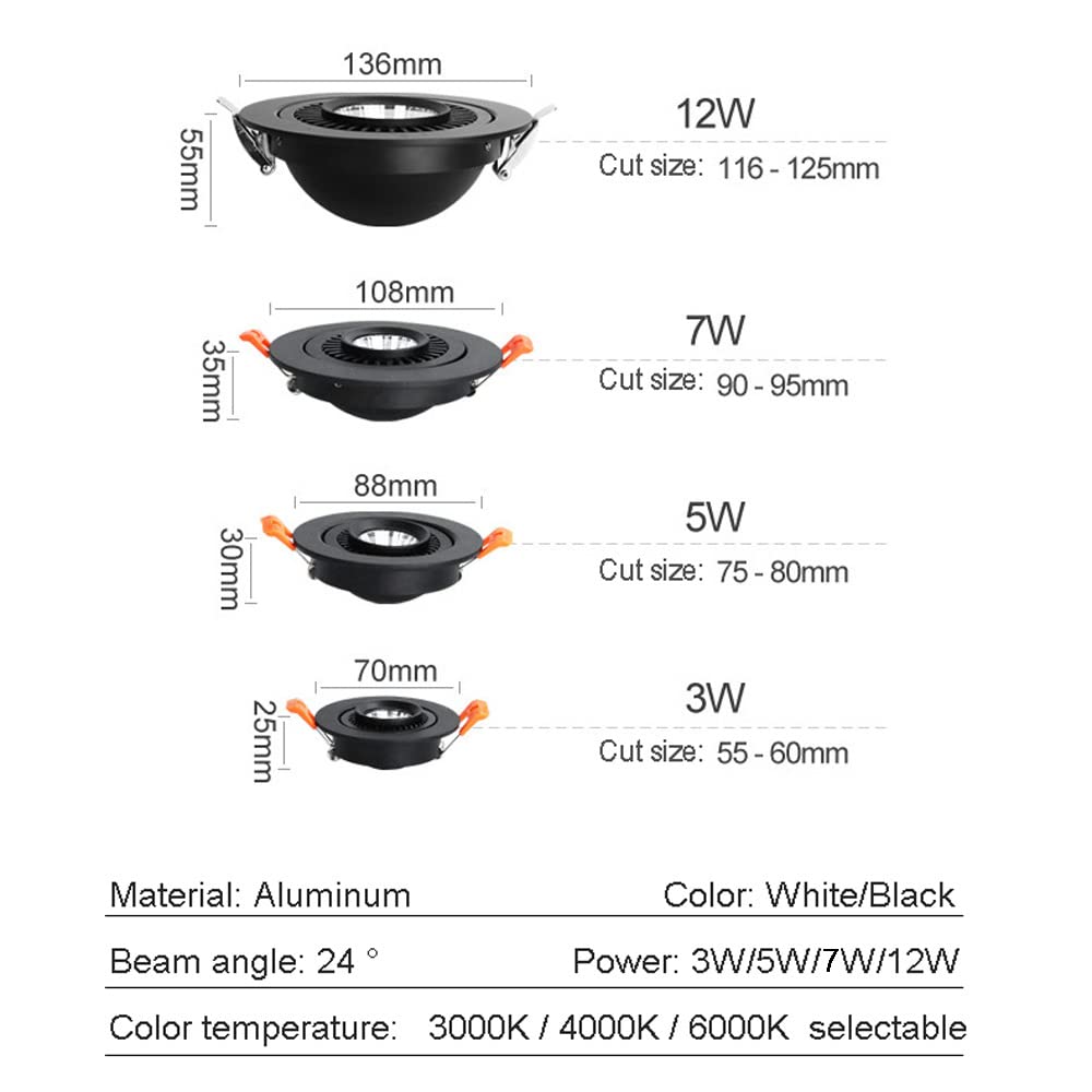 Confezione da 12 faretti a LED da incasso 3W/5W/7W/12W rotondi in alluminio orientabili, faretti cardanici da incasso 3000K/4000K/6000K selezionabili, faretti da soffitto retrofit a bulbo oculare A-1
