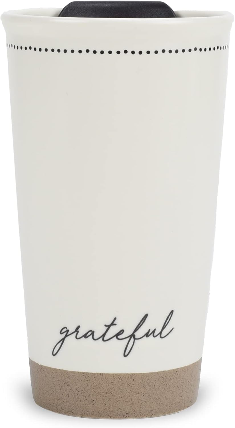 Lighthouse Christian Products Pin Dot Classic White 12 ounce Ceramic Travel Tumbler Mug, Grateful