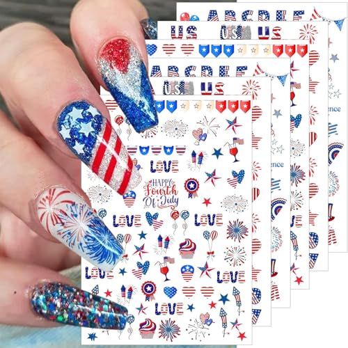 6 Sheets 4th of July Nail Stickers for Nail Art 3D Self Adhesive Independence Day Nail Art Stickers American Flag Stars Letters Fireworks Nail Decals Fourth of July Design Sticker for Women