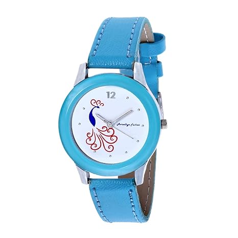 Casual Blue Pecock Print Dial Designer Watches for Women and Girls