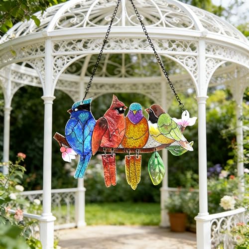 Image of DASTOLL Stained Glass Window Hanging - Hummingbird on Branch Suncatcher Hand-Painted Double Side Stain Glass Cardinal Gifts Sun Catcher for Windows Doors Room Outdoor Home Decoration