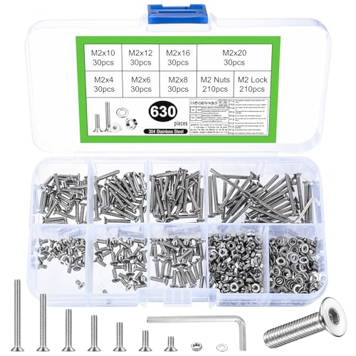 630 Pcs M2 Countersunk Bolts and Nuts Set, Small Countersunk Flat Head Machine Screws, Assorted Stainless Steel Hex Socket Head Cap Screws Nuts and Bolts and Washers Assortment Kit (Silvery)