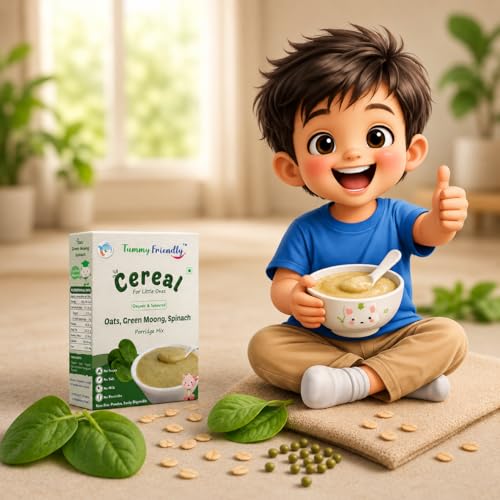 Image of TummyFriendly Foods Certified Organic Oats, Sprouted Green Moong, Spinach Porridge Mix | Made of Sprouted Whole Green Moong, Spinach | Organic Oats for baby 8 months and 1 year old | Rich in Protein and Iron | No Sugar, No Salt, No Milk, No Chemicals, No Pesticides & No GMO | Maximum Possible Nutrition From Real-Food | 9 Month Shelf Life | 200g