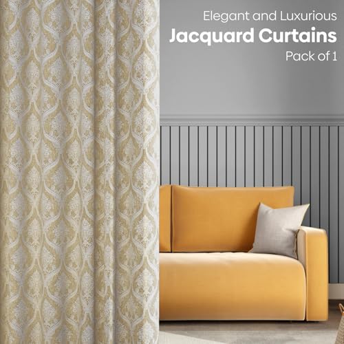 Image of haus & kinder Printed Jacquard Window Curtain 5 Feet Long Pack of 1 Window Curtain, 5 Feet Curtain for Window (Ornate Symphony, Ivory Damask Design 130x152 CM)