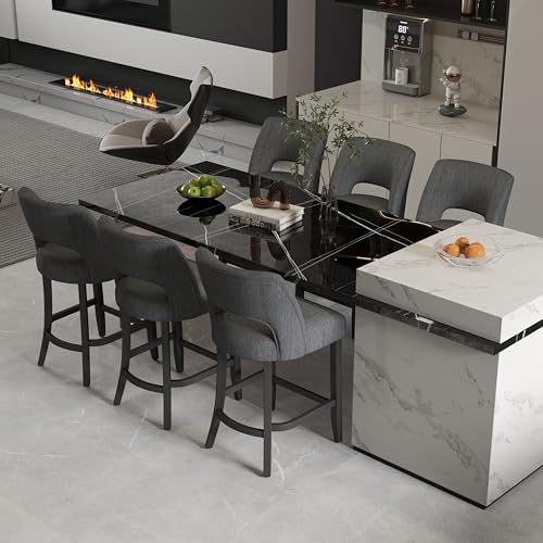 Image of VKNOW Bar Stools Set of 6, 26 inch Upholstered Counter Height Bar Stools | Modern Counter Stools with Black Rubberwood Legs for Kitchen Island Dining Room Bar, Dark Grey-Black Legs