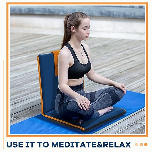 Image of 2 Pcs Floor Chair with Back Support Padded Floor Seating Portable Floor Seat Meditation Cushion Adjustable Fully Folding Backrest for Adult Kid Gaming Linen Washable Cover, Nylon Bottom (Blue, Khaki)