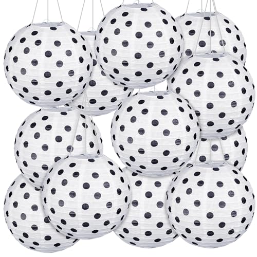 Treela 12 Pcs Back to School 8 Inch White Black Paper Lanterns Polka Dots Round Hanging Paper Lantern First Day of School Japanese Chinese Paper Lanterns Decorative Indoor for Birthday Classroom Decor