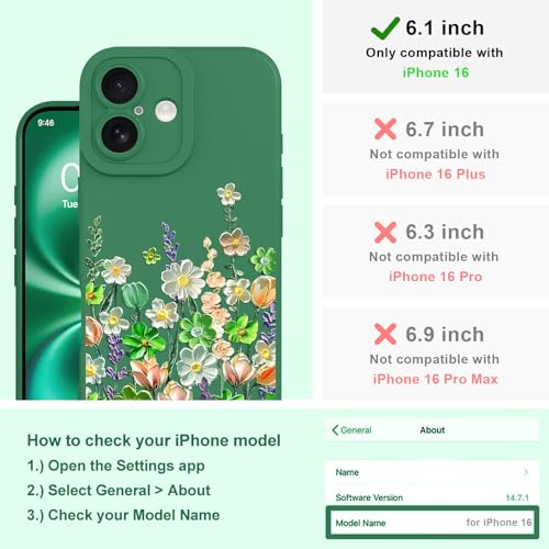 Image of Designed for iPhone 16 Case Floral for Women Girls, Green | Cute Oil Painting Flower Pattern Liquid Silicone Phone Case [Full Camera Protection] Slim Soft TPU Protective Cover